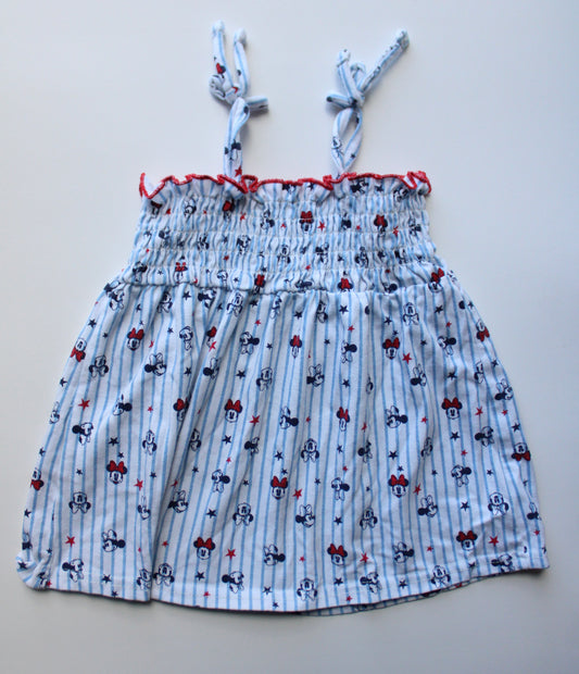 Shirred blue and white stars and stripes Minnie dress- 6/9m